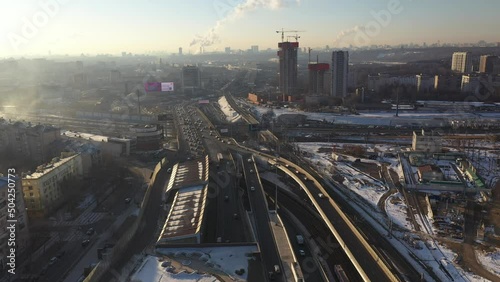 panoramic view of the high-rise business buildings of a large metropolis taken from a drone