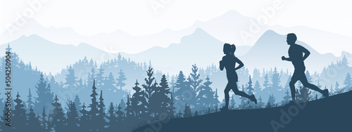 Silhouette of boy and girl jogging. Forest, meadow, mountains. Horizontal landscape banner. Blue illustration. 