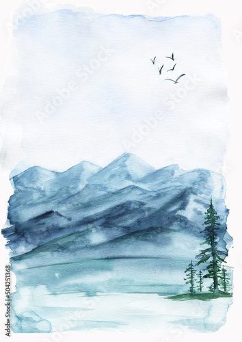 Watercolor landscape, mountains and water body on the background of pastel sky.Wall art.Painting, background for design works.Poster for printing size A2.