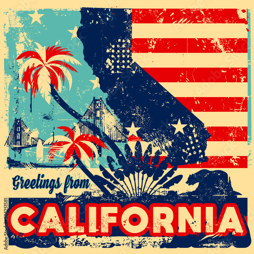 An abstract vector grunge poster illustration on Greetings from California