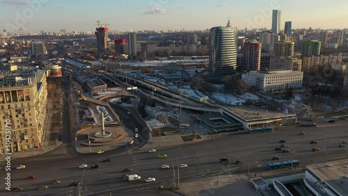 panoramic view of the high-rise business buildings of a large metropolis taken from a drone