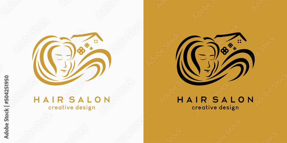 Hair salon or hair care logo design, long haired woman face combined with house icon in hand drawn concept Hair salon or hair care logo design, long haired woman face combined with house icon in hand drawn concept