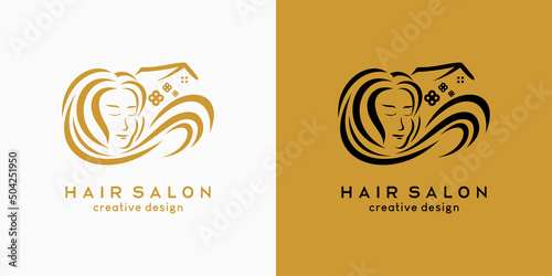 Hair salon or hair care logo design, long haired woman face combined with house icon in hand drawn concept