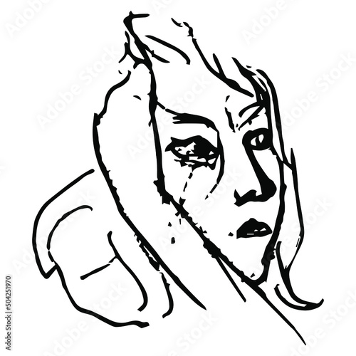 Female portrait. Head of a young woman resting on her hand. Hand drawn linear doodle rough sketch. Black silhouette on white background.