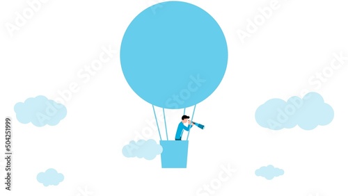Man with telescope on hot air balloon, business character vector illustration on white background.