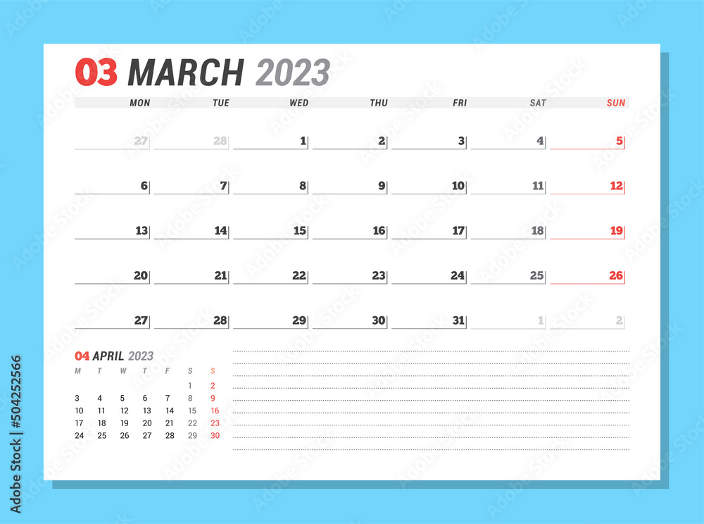 Calendar page for March 2023. Monthly planner. Stationery design. Week starts on Monday. Calendar page for March 2023. Monthly planner. Stationery design. Week starts on Monday.