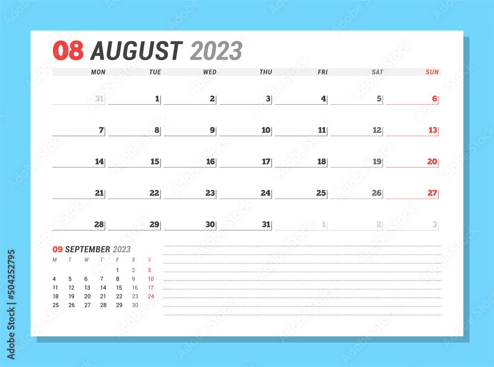 Calendar page for August 2023. Monthly planner. Stationery design. Week starts on Monday. Calendar page for August 2023. Monthly planner. Stationery design. Week starts on Monday.