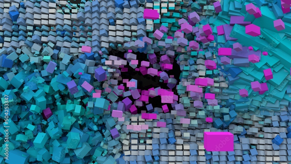 An abstraction of flying multicolored cubes of blue, turquoise and pink colors. Multicolored textured background with geometric shapes of different colors. 3D illustration. 3D rendering. 