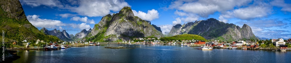 Panorama of Reine - a small, picturesque fishing village, Lofoten archipelago in Norway