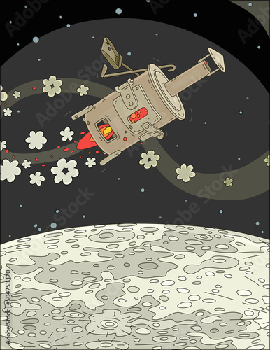 Old handmade iron stove rocket flying and terribly smoking in orbit around the Moon, vector cartoon illustration isolated on a white background