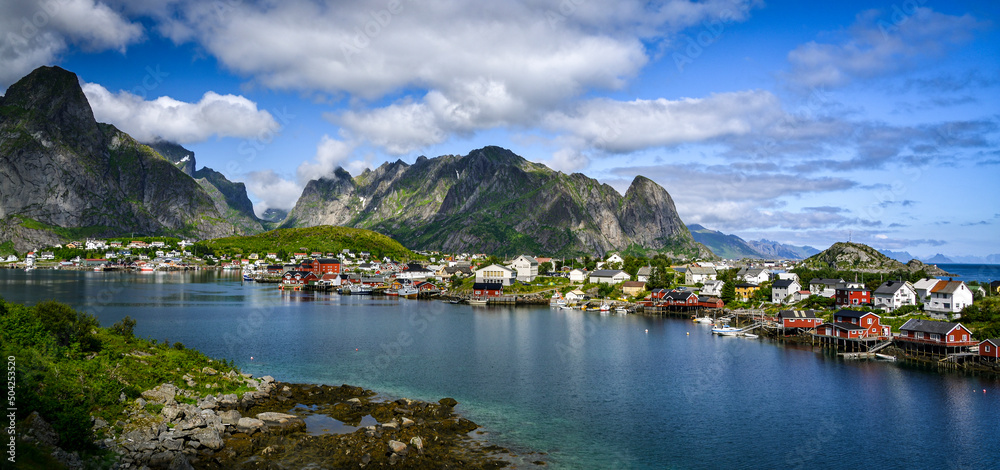 Panorama of Reine - a small, picturesque fishing village, Lofoten archipelago in Norway