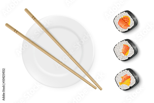 Vector realistic image of sushi with white plate and bamboo sticks. Decorating a sushi restaurant. Sushi advertisement