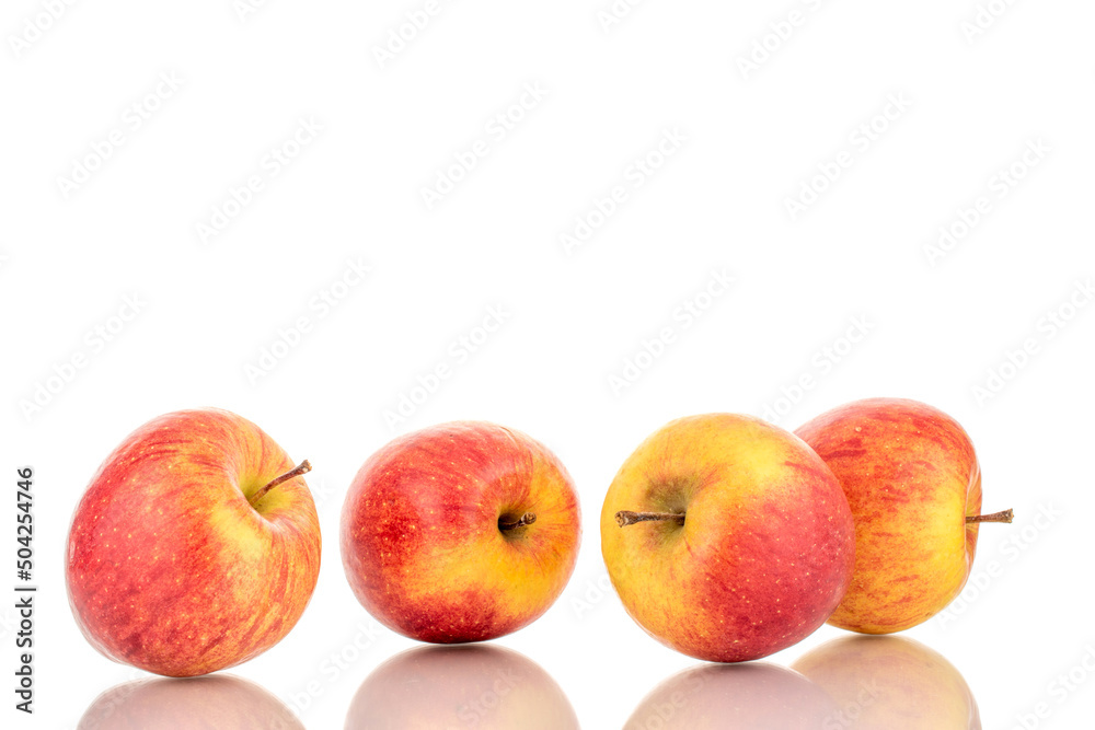 Four juicy organic apples, close-up, isolated on a white background. Four juicy organic apples, close-up, isolated on a white background.