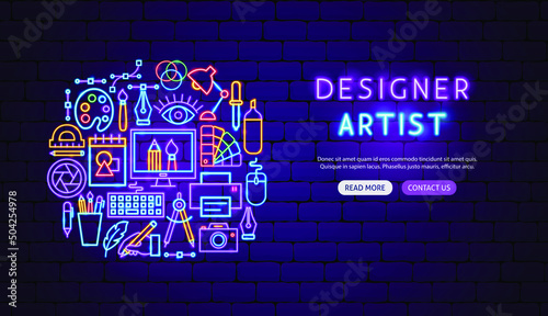 Designer Artist Neon Banner Design. Vector Illustration of Graphics Promotion.