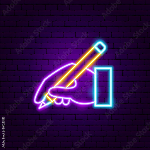 Hand Drawing Pencil Neon Sign. Vector Illustration of Draw Promotion.