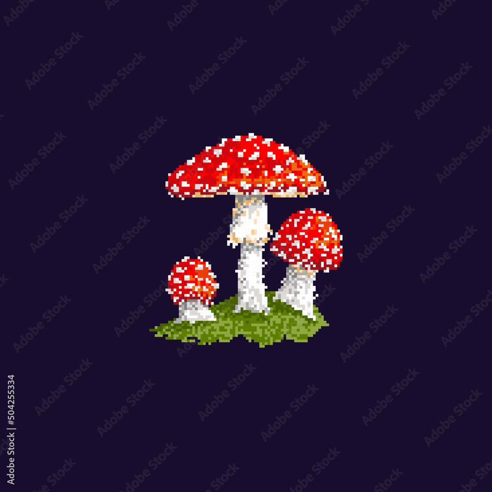 Pixel mushroom. Forest mushroom isolated on dark background. Vector
