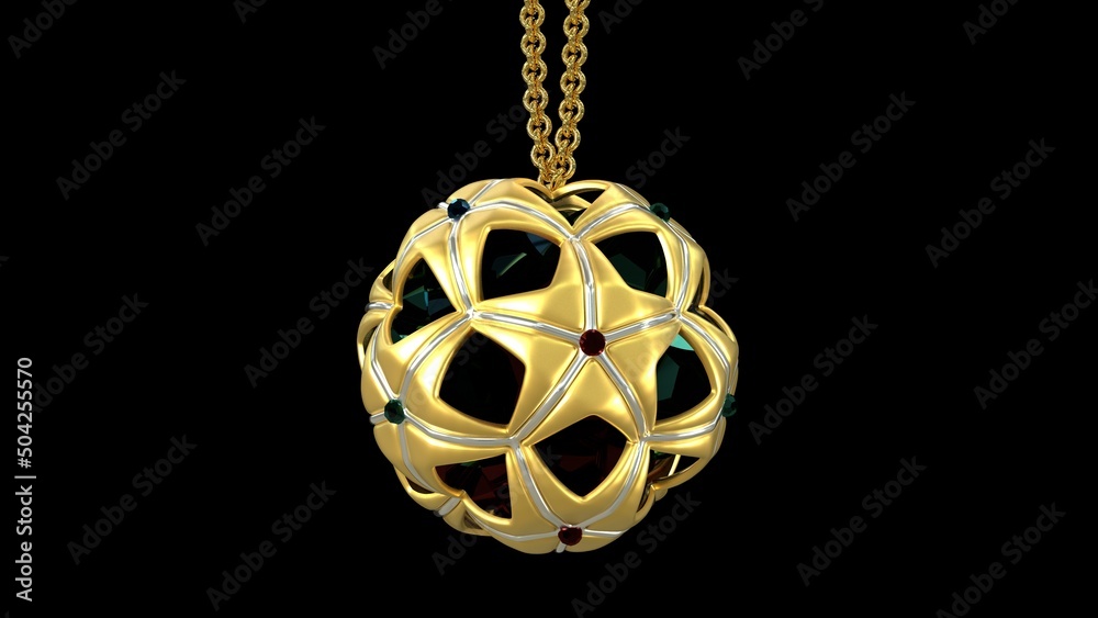 Obraz premium Jewelry made of gold, emeralds and rubies hang on a gold chain on a black background. Precious stones of green and red color in a golden ball. 3D rendering. 3D image. 3D illustration. 