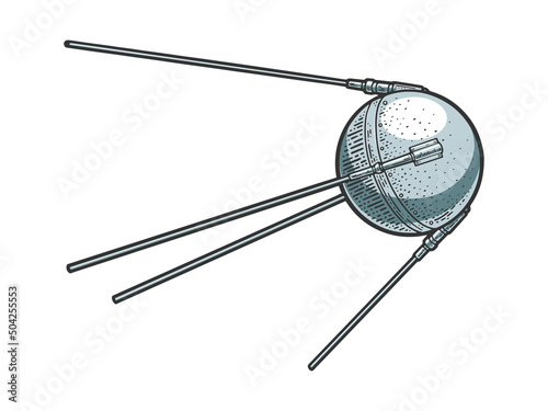 Sputnik One first artificial Earth satellite made by Soviet Union color sketch engraving vector illustration. T-shirt apparel print design. Scratch board imitation. Black and white hand drawn image.