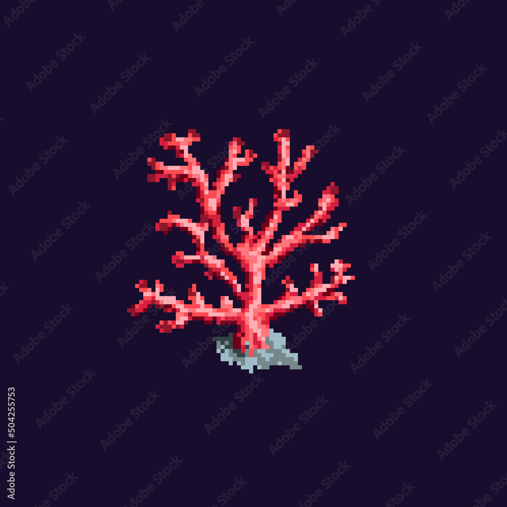 Pixel coral. Sea plant isolated on dark background. Vector