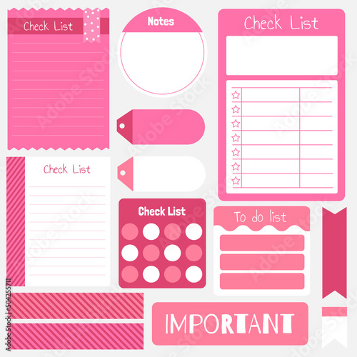 Cute paper notes. Stationary set. Scrapbook notes and cards.Printable planner stickers. To Do List note. Template for your message. Decorative planning element. Vector illustration.