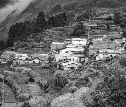 Photography Black and white(B&W) photo of village in the mountains,hills,poverty
