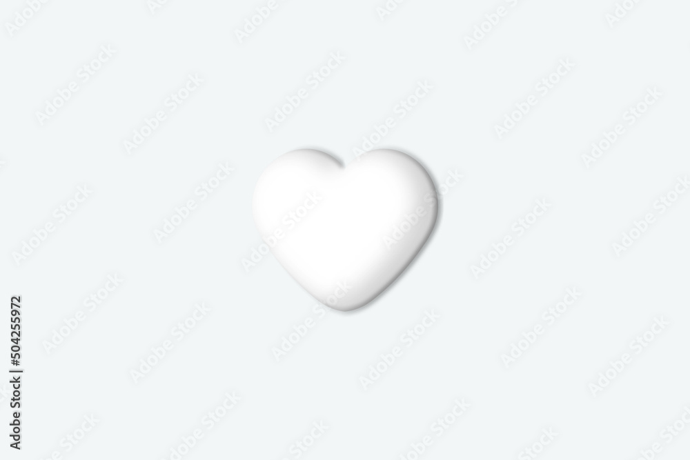 White heart pop up with shadow on plain color background, minimal design element. Simple romantic symbol emboss on card. Symbolic of pure and natural love concept. Illustration graphic.