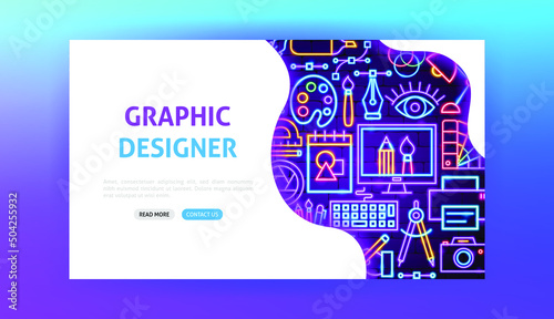 Graphic Designer Neon Landing Page. Vector Illustration of Graphics Promotion.