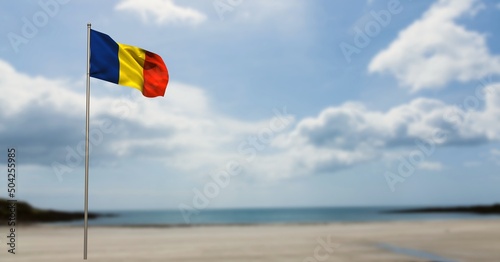 Composite image of waving romania flag against beach and clouds in blue sky