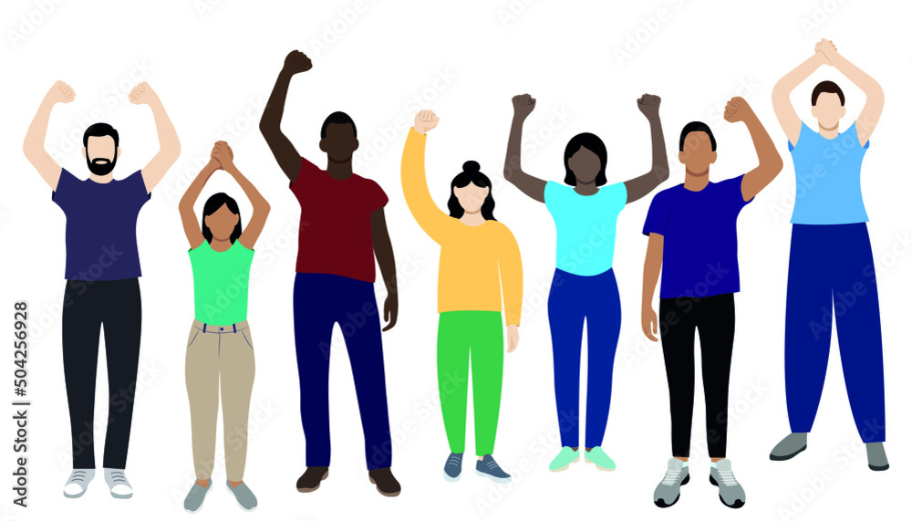 Set of girls and guys of different nationalities drawn in full length with their hands raised above their heads, flat vector on a white background, faceless illustration, young people protest