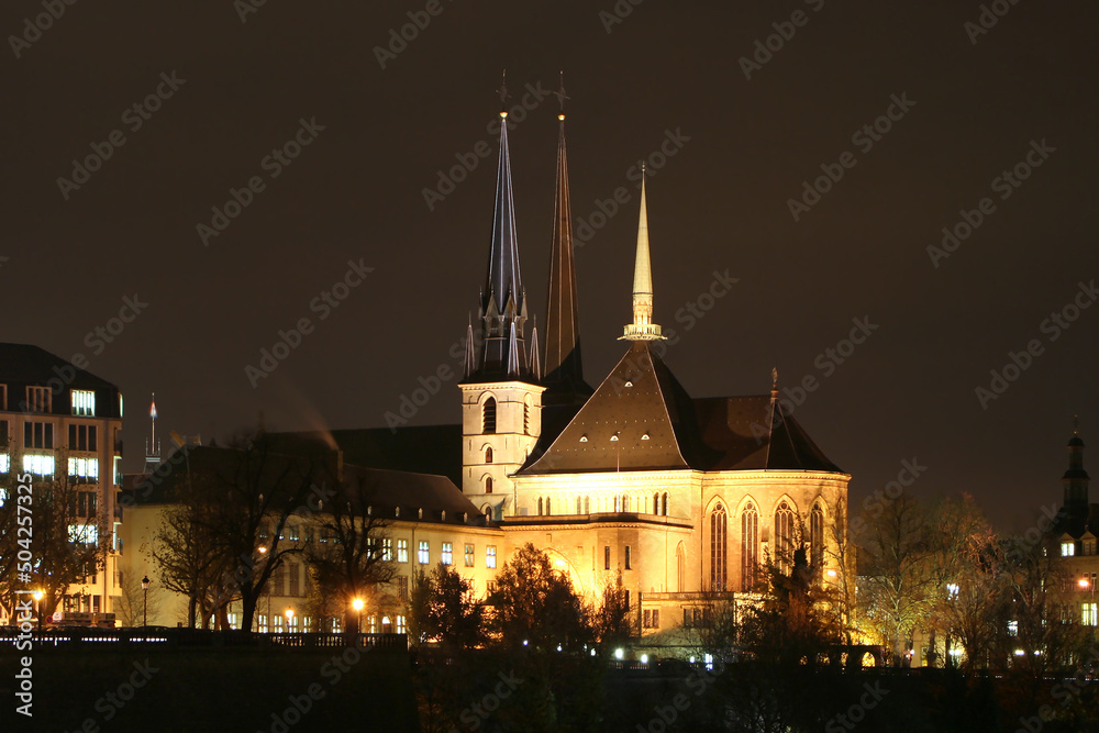 The gothic Notre-Dame Cathedral (1613) in bright lighting in the capital downtown at night. Luxembourg