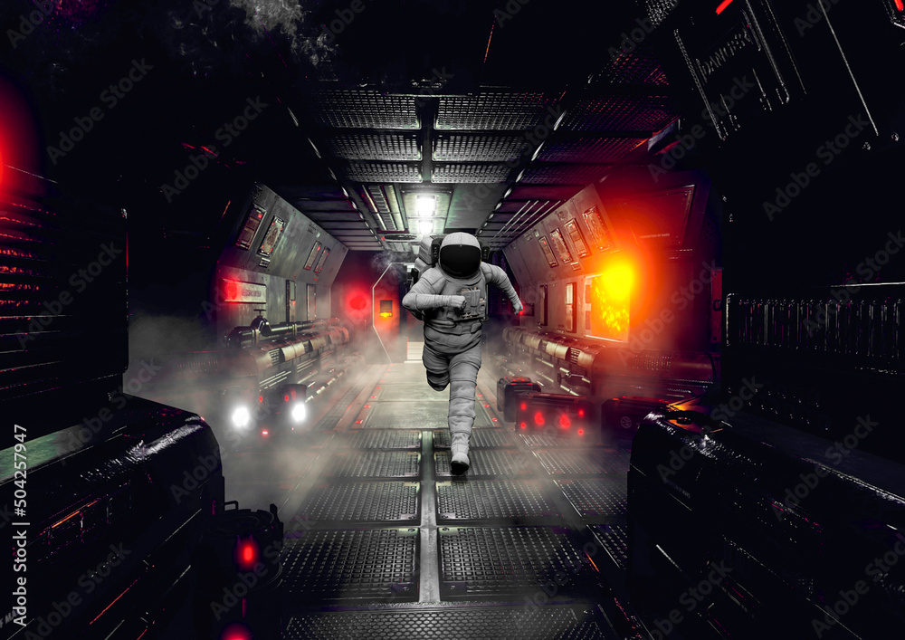 astronaut is running on the corridor in sci-fi spaceship background