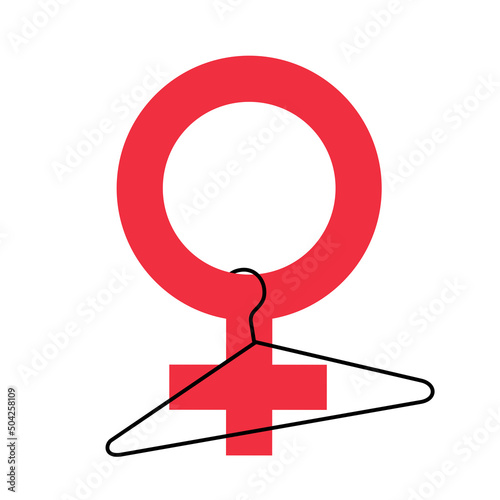 self induced abortion - sex and gender symbol of woman and female with coat hanger. Vector illustration isolated on white.