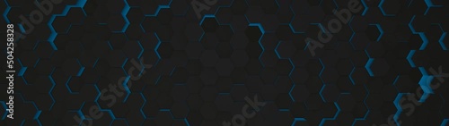 Digital geometric black mesh with blue energy glow in wide angle. Futuristic technology polygon pattern. Abstract animated background.