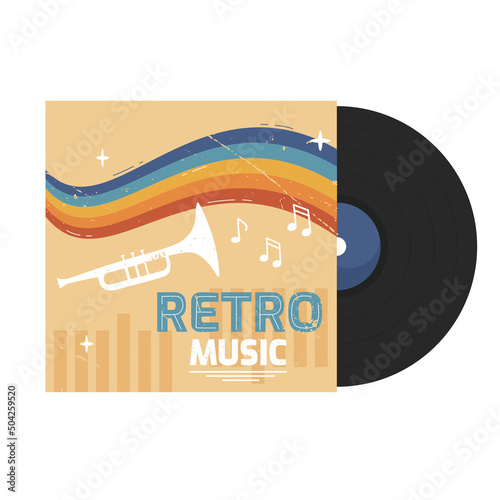Classic paper art template with vinyl record for decorative design. Abstract rainbow background. Musical symphonic instrument trumpet. Vintage. Vector isolated image on a white background.