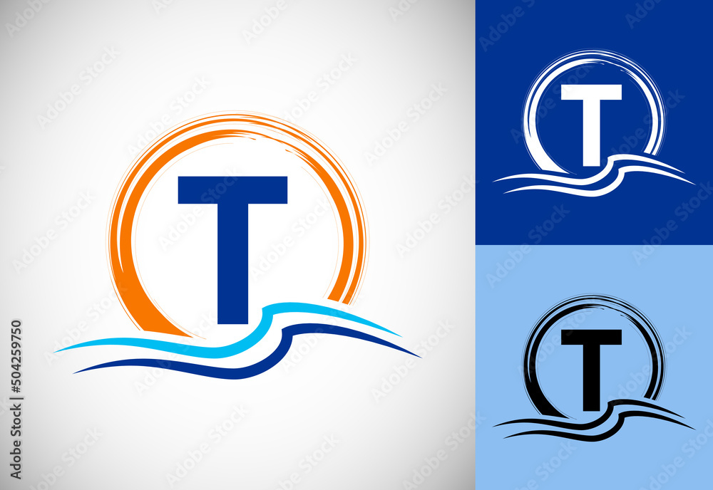 Fototapeta premium Initial T monogram letter with water ocean waves and the sun. Beach logo design concept