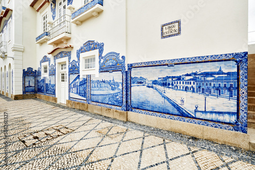 detail of a landscape on a panel of azulejos tiles on the facade of old railways station in Aveiro, Portugal	
