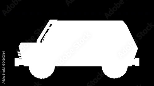 Drawn blue car on a green background with black and white brightness channel for editing. Looped animation with vehicles and spinning wheels and a silhouette of the driver behind the wheel.