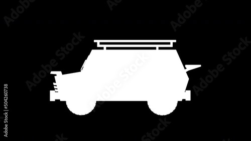 Drawn red car on a green background with a black and white brightness channel for editing. Looped animation with vehicles and spinning wheels and a silhouette of the driver behind the wheel.