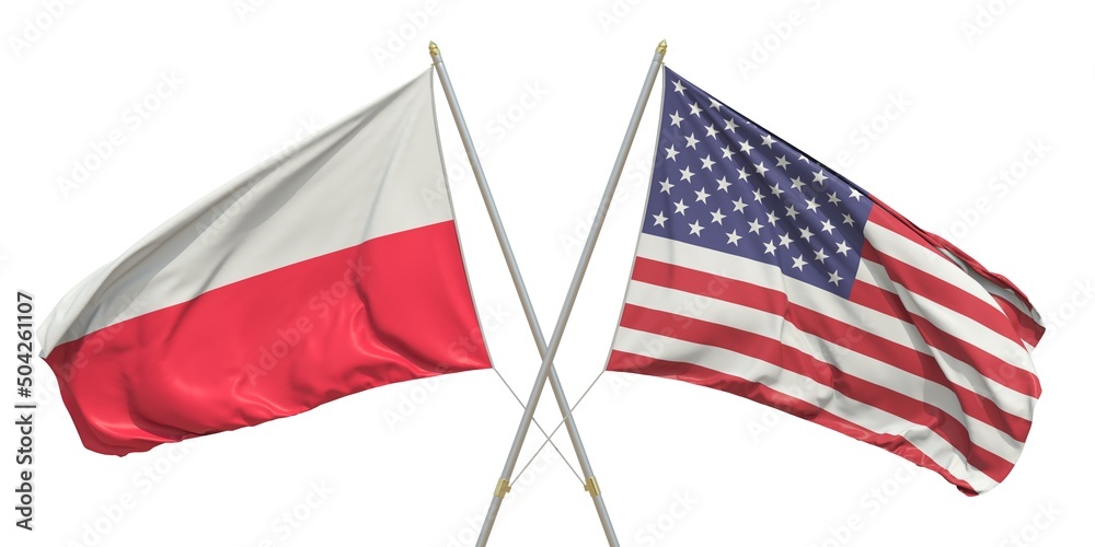 Flags of the USA and Poland on white background. 3D rendering