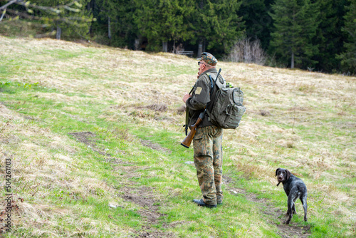 Old Hunter in the woods with his dog. Male hunter hunting with his hunting dog outdoors. German wirehaired pointer. Hunter with his shotgun in middle of nature.