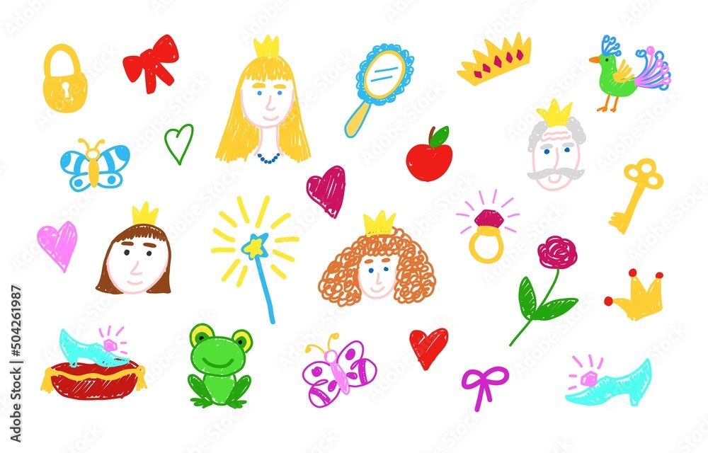 Doodle set with prince and princess faces and Fairy tale elements. Children's drawings. Vector illustration