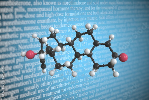 Molecular model of norethisterone, 3D rendering photo