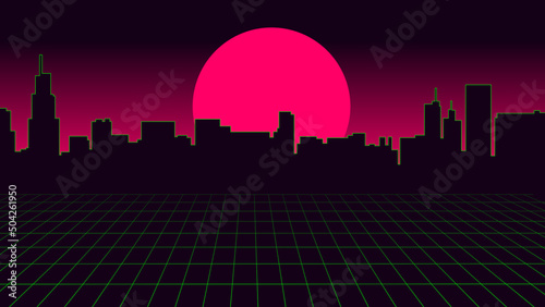 Retro background landscape 1980s style. Retro 80s Sci-Fi background city Landscape. Futuristic background retro wave.
