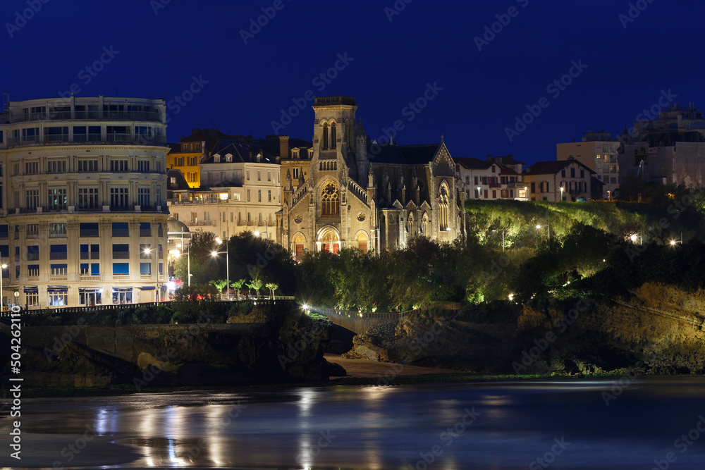 Fototapeta premium Night view of church Saint Eugenie in Biarritz, France