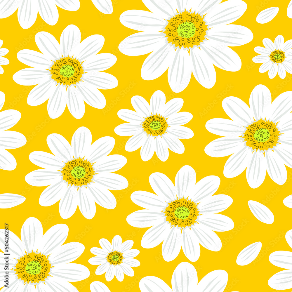 Wild chamomile flowers. Seamless summer pattern with large white flowers on a yellow background. For printing on fabric, textile, paper. Vector. Wild chamomile flowers. Seamless summer pattern with large white flowers on a yellow background. For printing on fabric, textile, paper. Vector.
