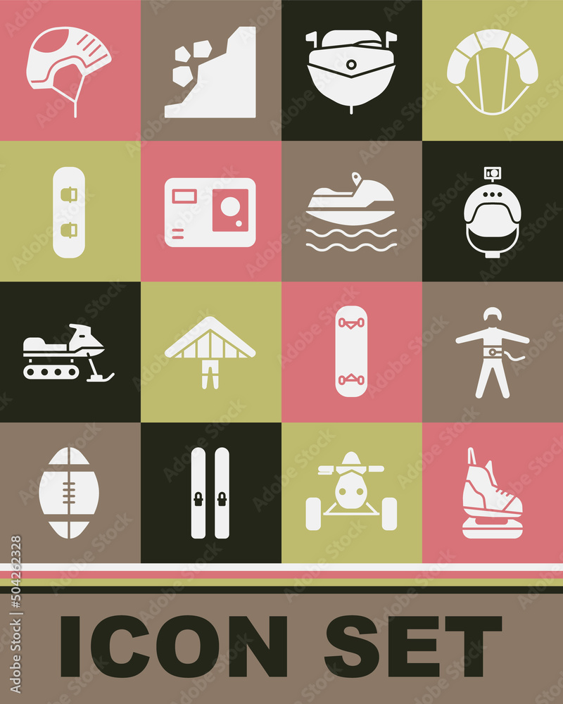 Set Skates, Bungee jumping, Helmet and action camera, Speedboat, Action extreme, Snowboard, and Jet ski icon. Vector Set Skates, Bungee jumping, Helmet and action camera, Speedboat, Action extreme, Snowboard, and Jet ski icon. Vector