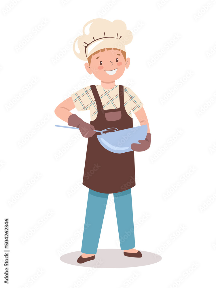 Child is cooking in the kitchen. Little boy beats dough in bowl with whisk. Kid bake cookies. Vector illustration in flat style isolated on white background. Child is cooking in the kitchen. Little boy beats dough in bowl with whisk. Kid bake cookies. Vector illustration in flat style isolated on white background.