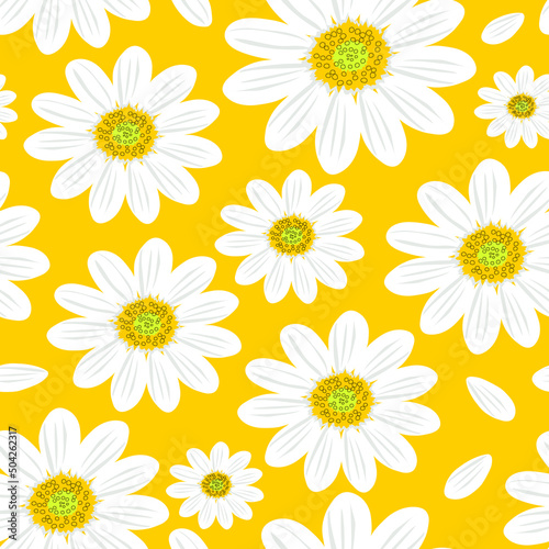 Wild chamomile flowers. Seamless summer pattern with large white flowers on a yellow background. For printing on fabric  textile  paper. Vector.
