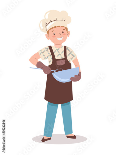 Child is cooking in the kitchen. Little boy beats dough in bowl with whisk. Kid bake cookies. Vector illustration in flat style isolated on white background.