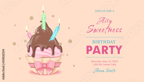 Birthday party banner with chocolate cupcake and candles hung brown
